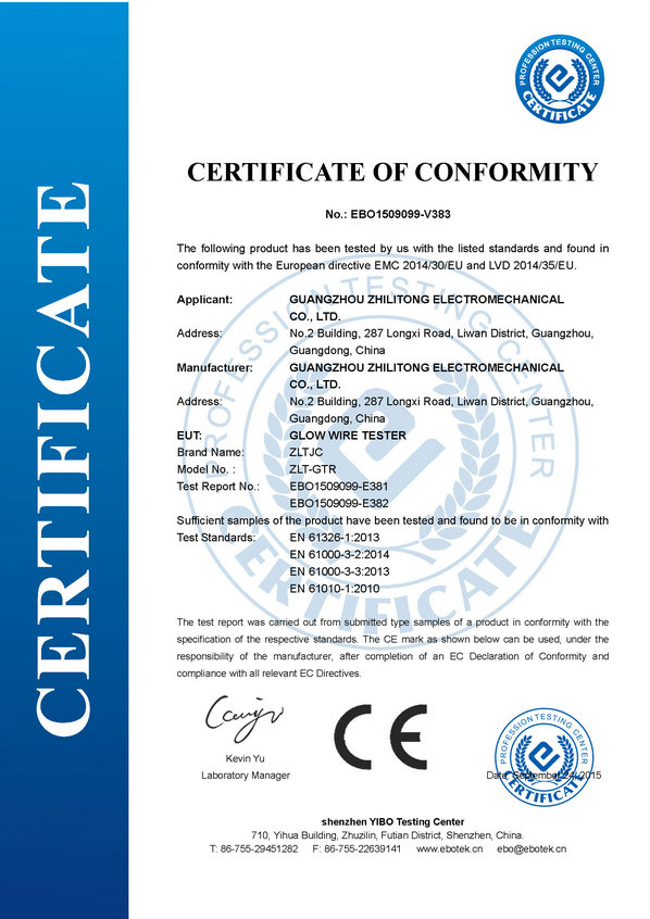 CE Certificate for Glow Wire Tester 